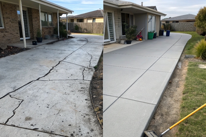A split image of befor and after concrete resurfacing process