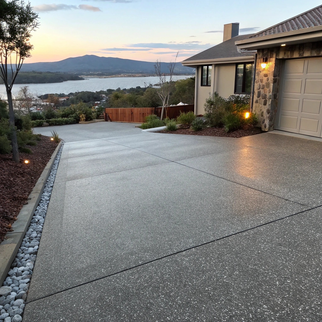 A concrete driveway that is overlooking a river