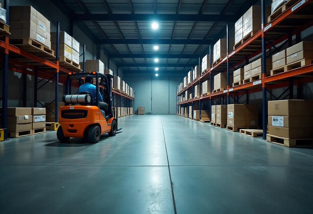 Durable industrial concrete floor in Cambridge logistics facility with forklifts and storage racks.