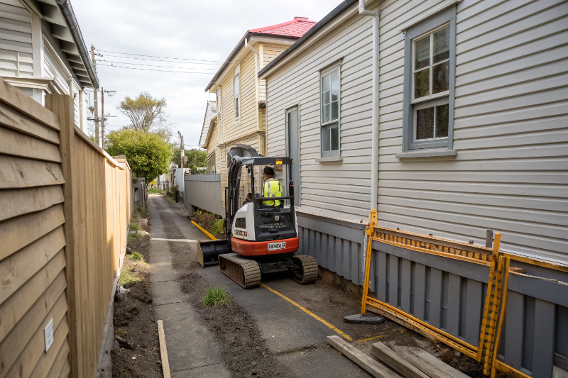 Compact excavator navigating tight access between heritage homes in established Hobart suburb