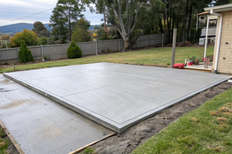 Completed concrete shed slab foundation in Hobart residential backyard