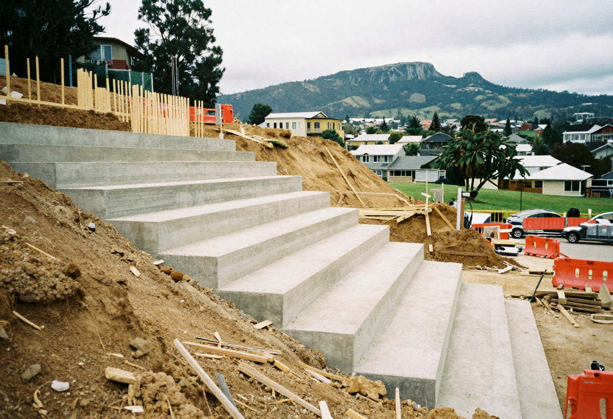 concrete foundation construction on a sloping hillside residential block in Hobart
