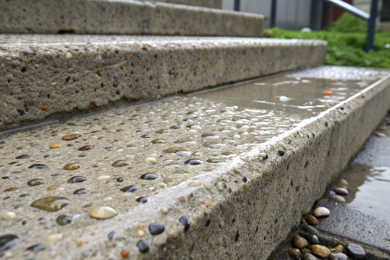 concrete-steps-hobart-exposed-aggregate Close-up of exposed aggregate non-slip concrete step surface texture with water droplets in Hobart - Concrete Power Hobart