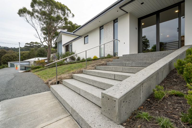 Exposed aggregate concrete front entry steps with steel handrail in Hobart residential property - Concrete Power Hobart