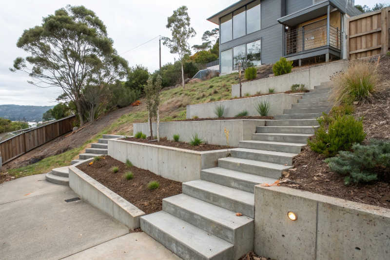 Terraced concrete steps with integrated retaining walls on steep sloped property in Mount Nelson Hobart - Concrete Power Hobart