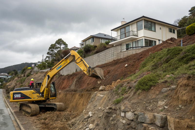 excavator-hillside-property-hobart-tasmania Excavator working on sloped residential property in Hobart Tasmania showing hillside excavation expertise