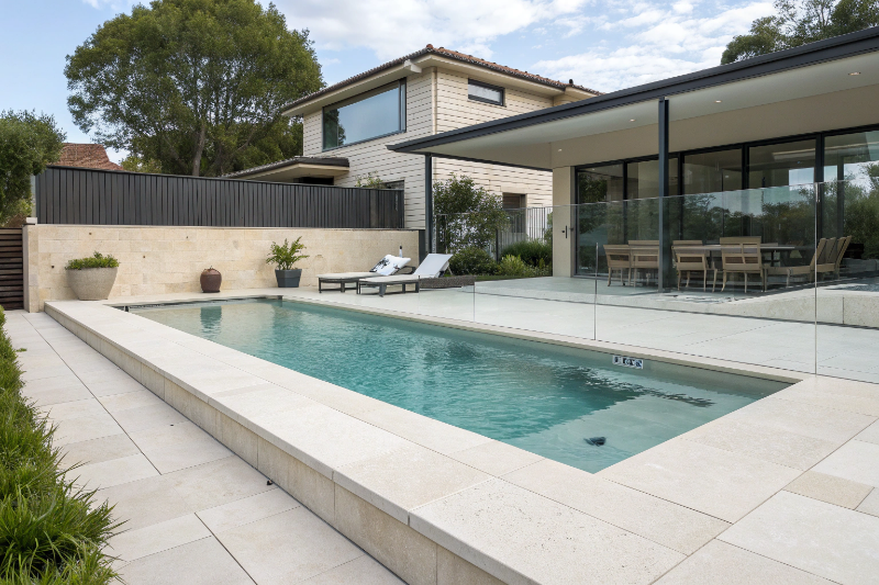 Contemporary honed concrete pool surround in Hobart with smooth matte finish and outdoor entertaining area