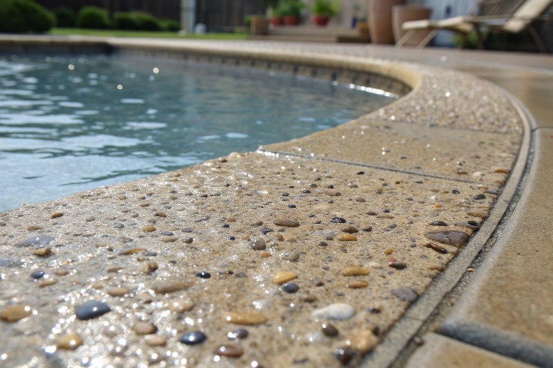 Close-up of wet slip-resistant concrete pool surface showing textured aggregate finish with water droplets
