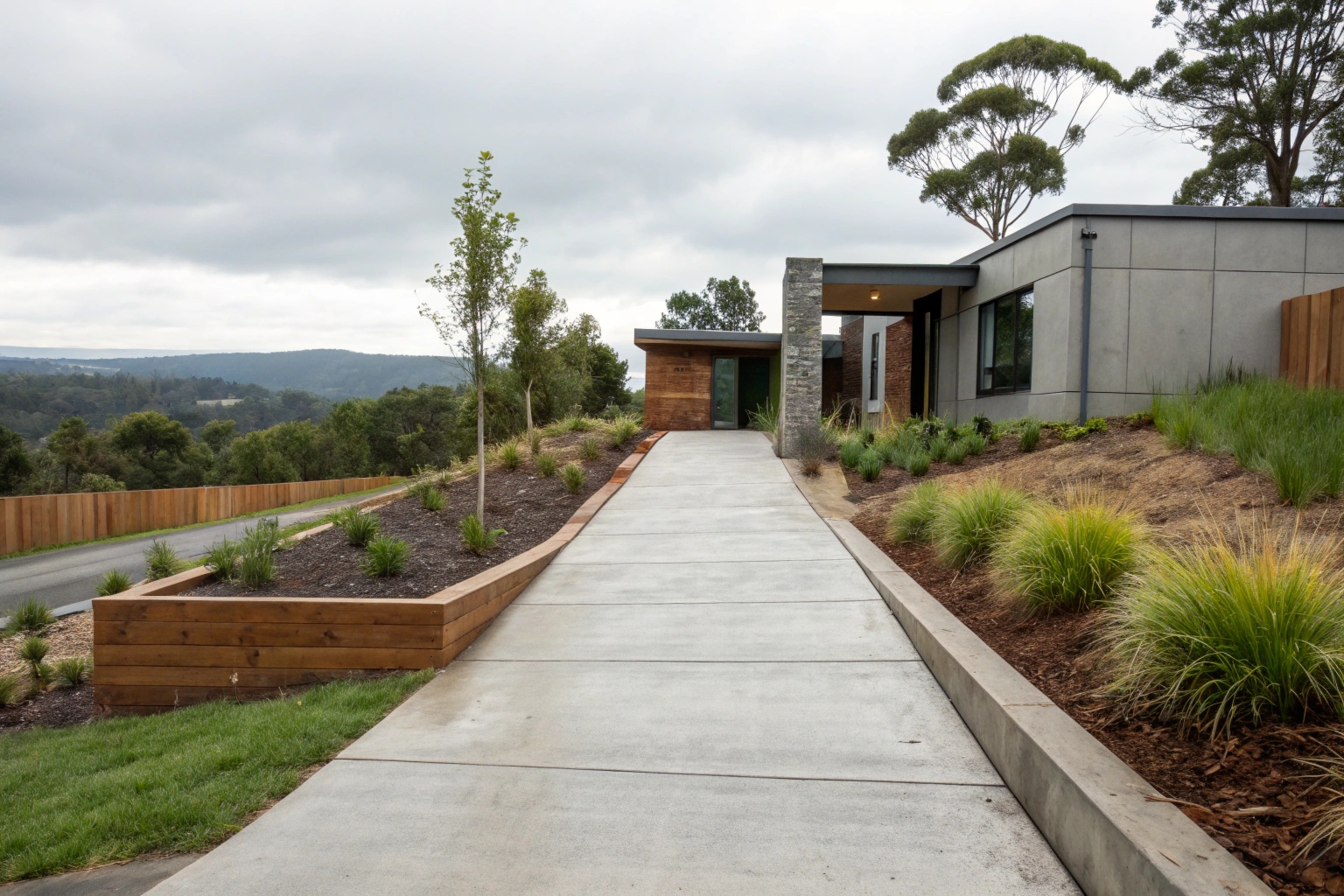 Broom finish concrete footpath leading to front door of Hobart home