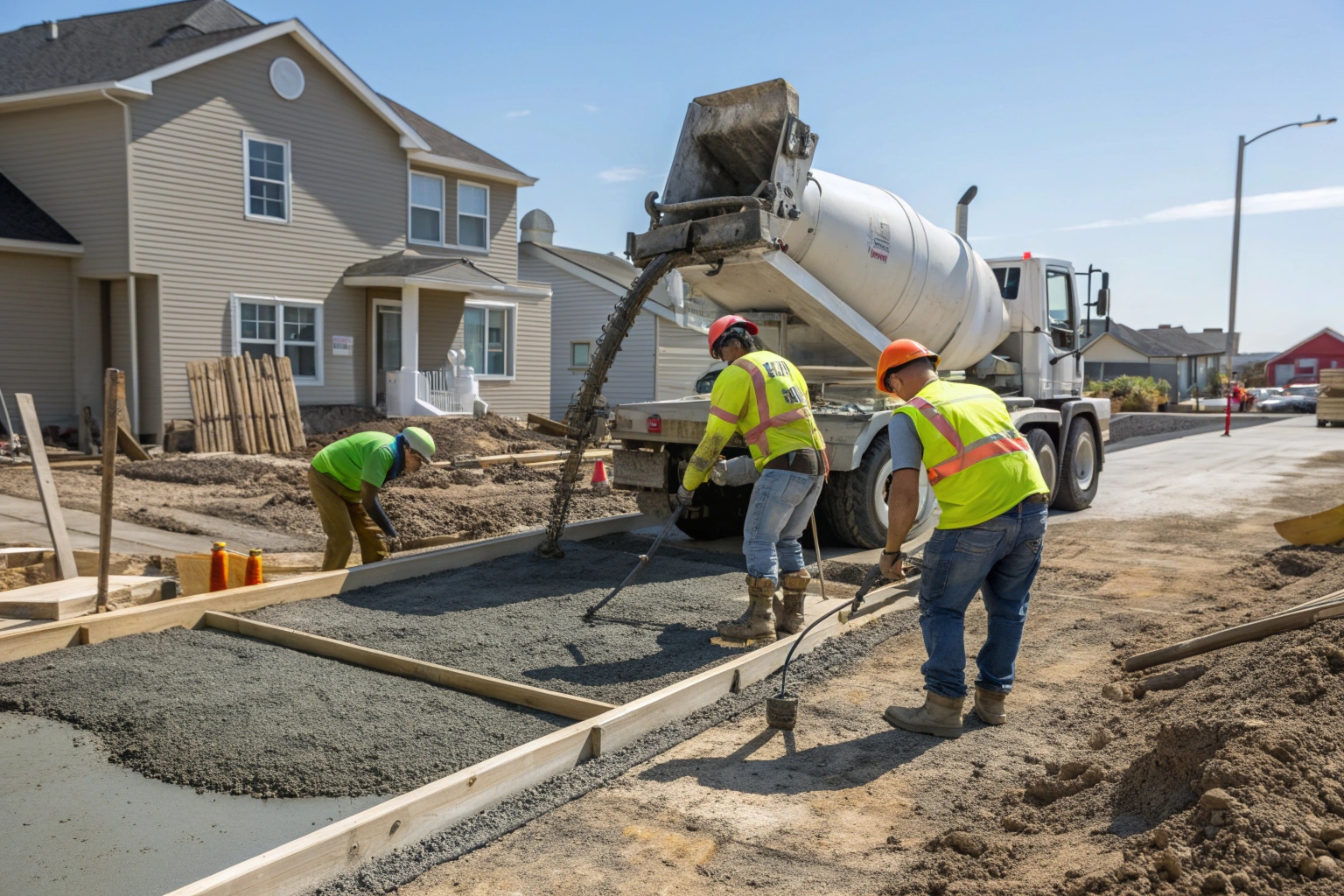 A construction crew pouring fresh concrete from a concrete truck chute into foundation trenches on a residential building site