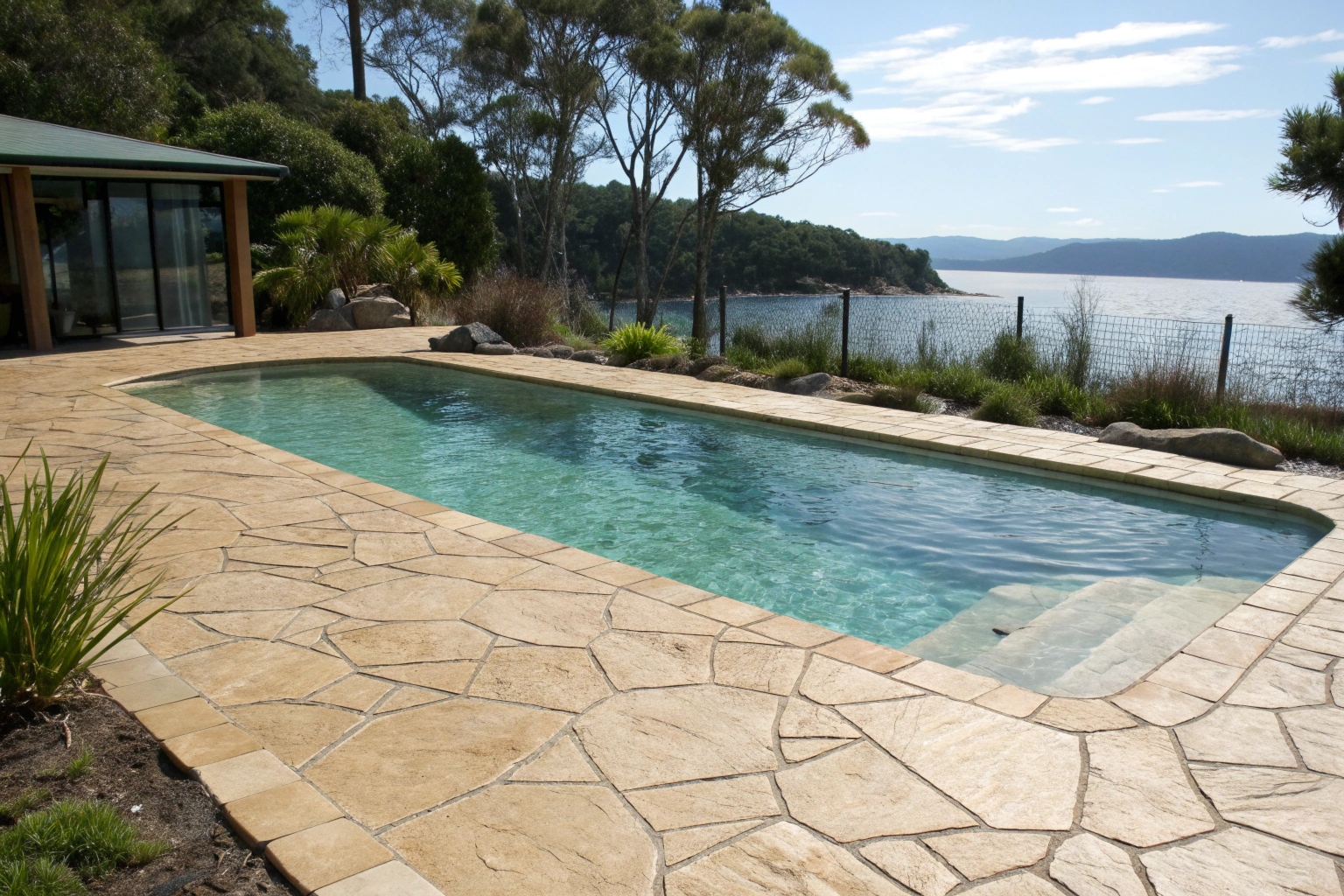 A pool surround featuring stamped concrete in light tan cobblestone pattern, crystal clear water