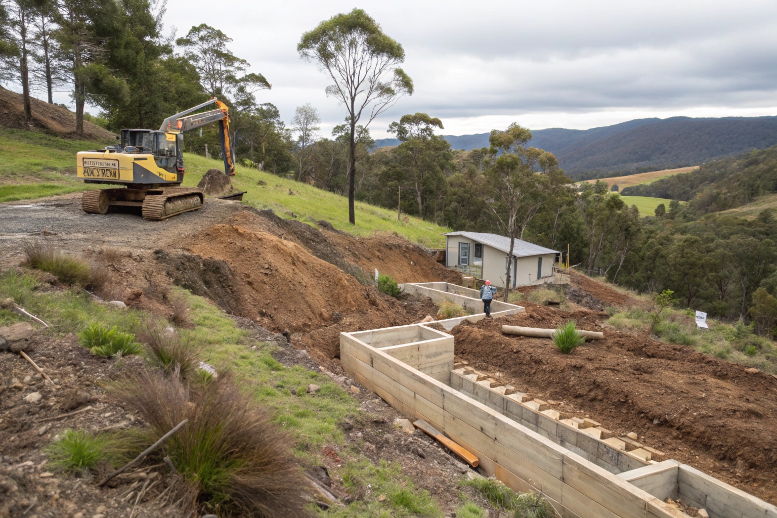 Construction site preparation showing excavated trenches for house foundations on sloping terrain, excavator in background