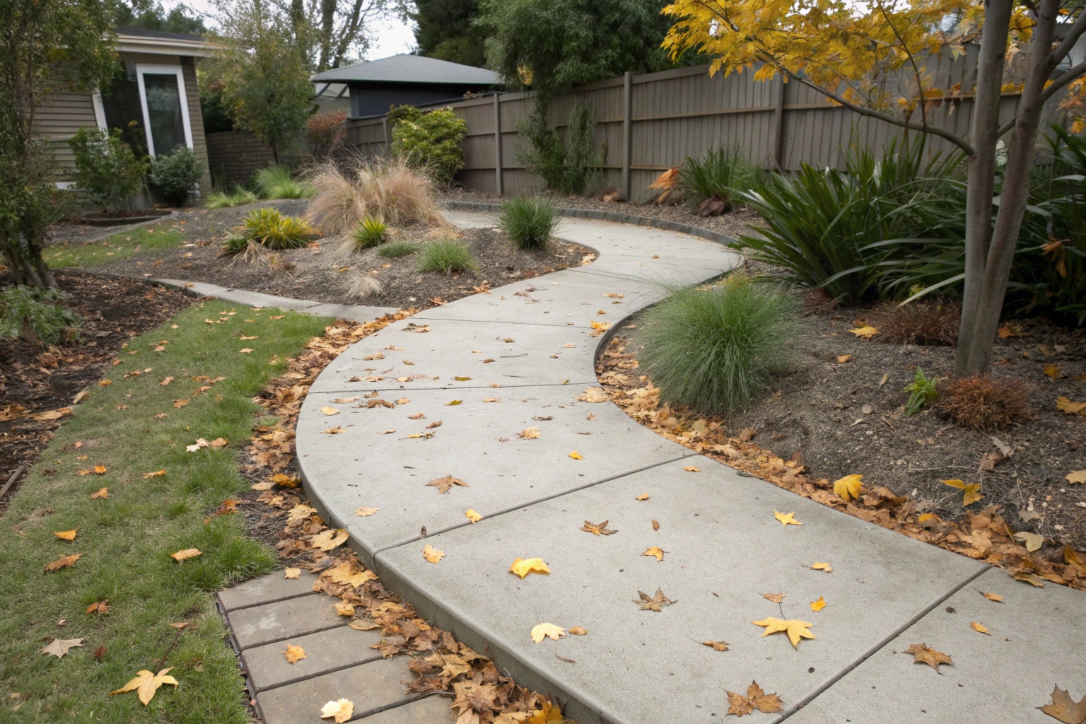 Curved concrete garden path through landscaped Hobart backyard