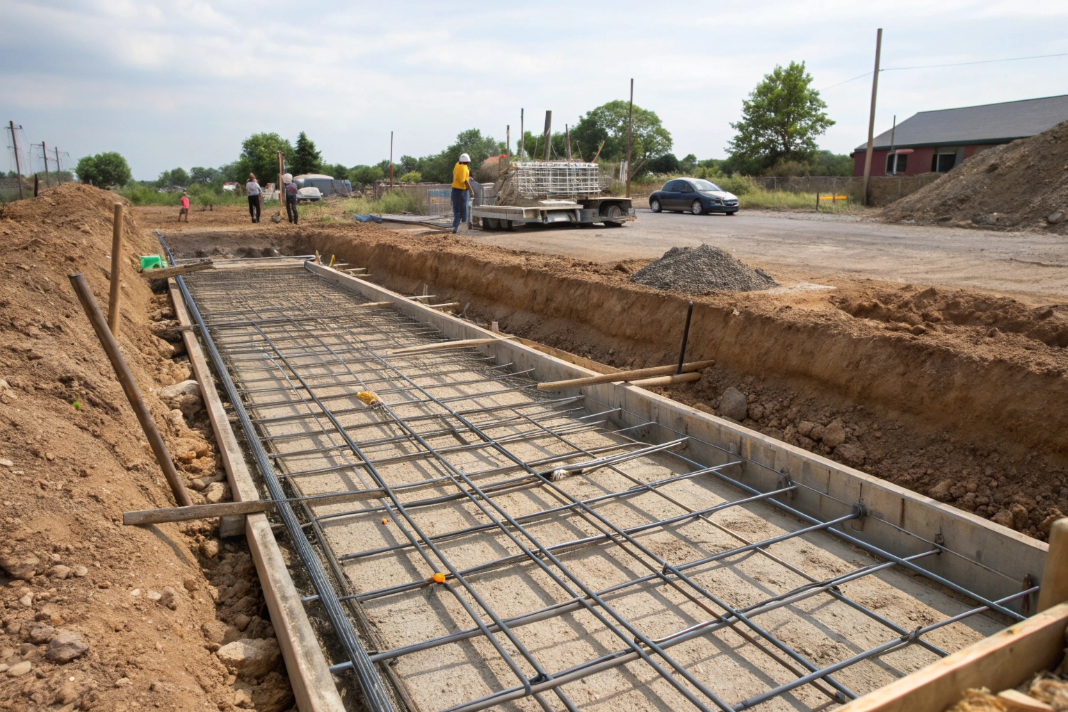 Steel reinforcement bars laid in prepared foundation trenches, showing the grid pattern of rebar before concrete pour on a residential building site in Hobart
